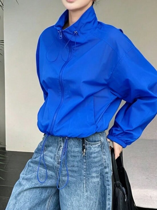 Jackets & Blazers - Blue Casual Women's Loose Fit Funnel Neck Zip Pocket Short Jacket